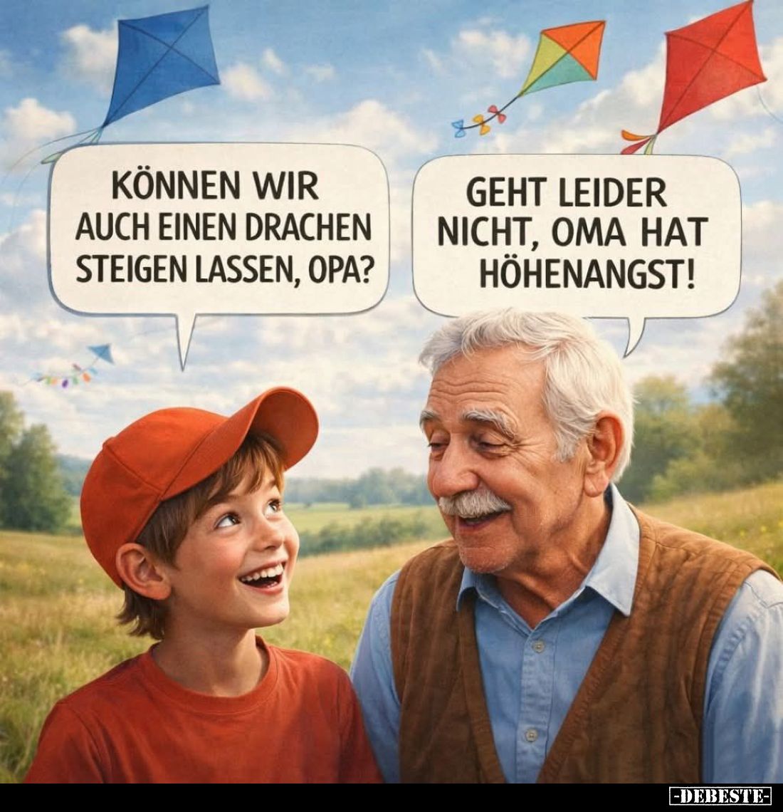 Können wir auch einen Drachen steigen lassen, Opa?
-
Geht leider nicht, Oma hat Höhenangst!