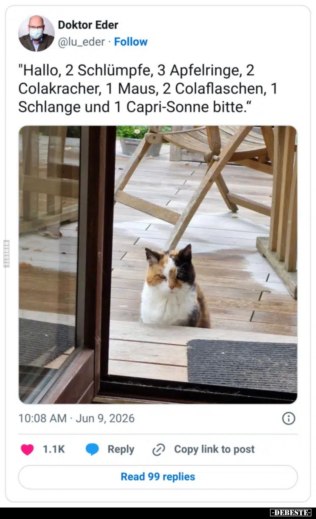 "Hallo, 2 Schlümpfe, 3 Apfelringe, 2 Colakracher, 1 Maus, 2 Colaflaschen, 1 Schlange und 1 Capri-Sonne bitte."