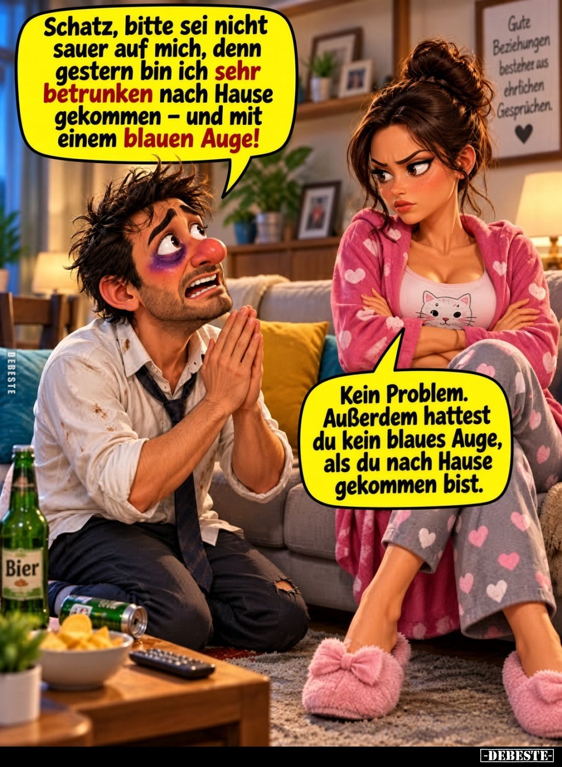 Schatz, bitte sei nicht sauer auf mich, denn gestern bin ich sehr betrunken nach Hause gekommen - und mit einem blauen Auge!
...