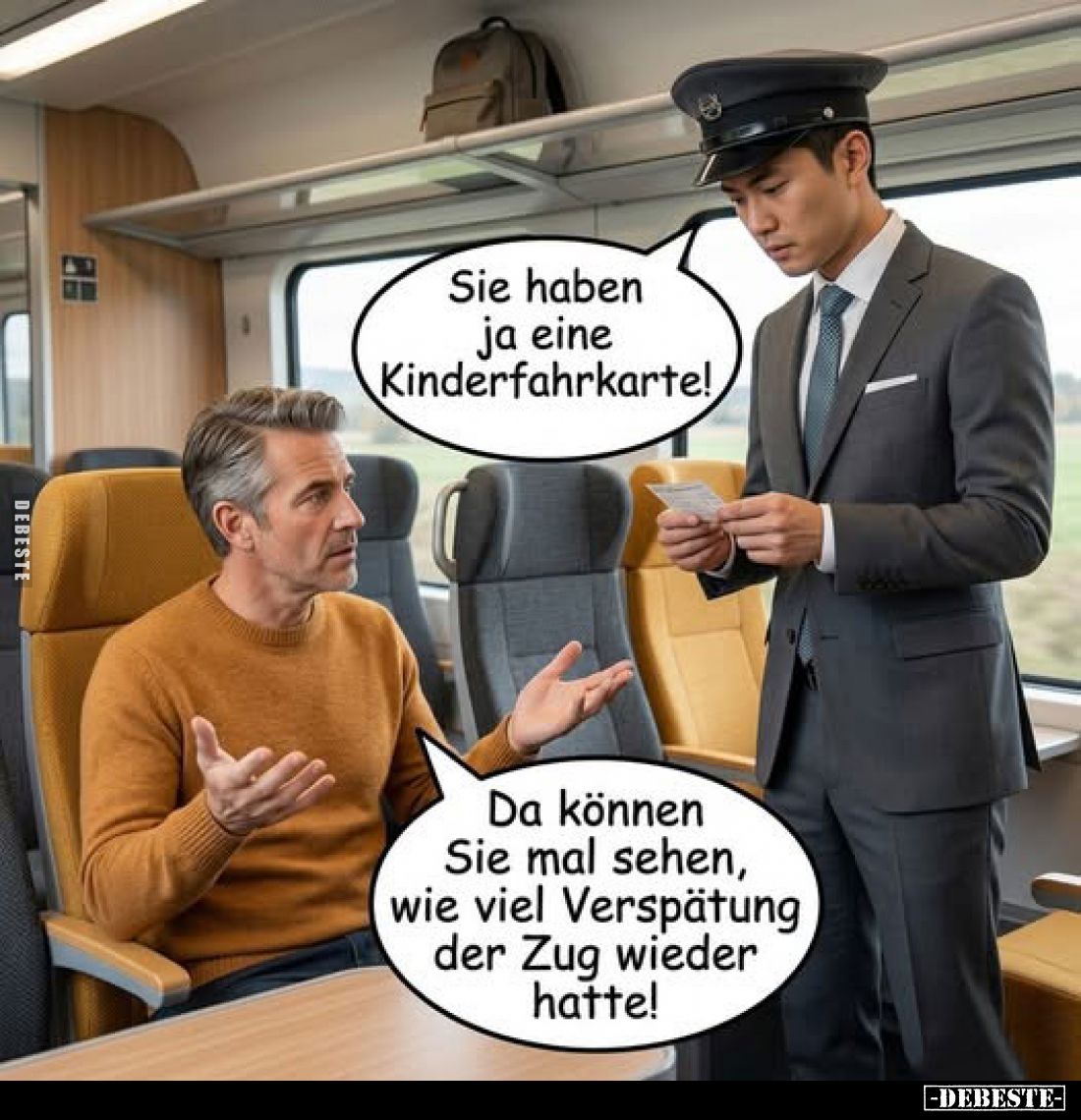 Sie haben ja eine Kinderfahrkarte! -
Da können Sie mal sehen, wie viel Verspätung der Zug wieder hatte!