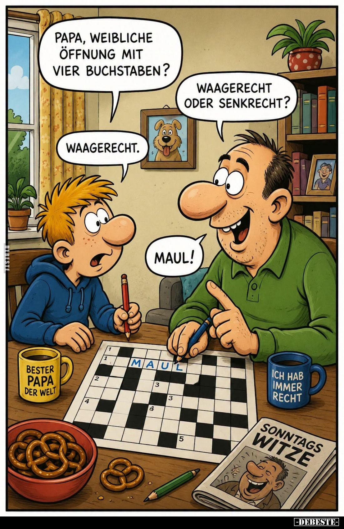 Papa, weibliche Öffnung mit vier Buchstaben? -
Waagerecht oder Senkrecht? -
Waagerecht. -
Maul!