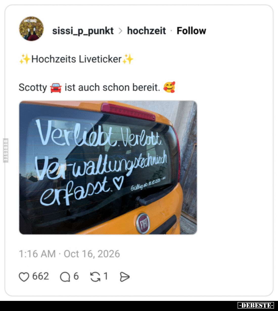 Hochzeits Liveticker.
Scotty ist auch schon bereit.

Verlobt. Verlobt. 

Verwaltungstechnisch 

erfasst. 

Gültig ab...