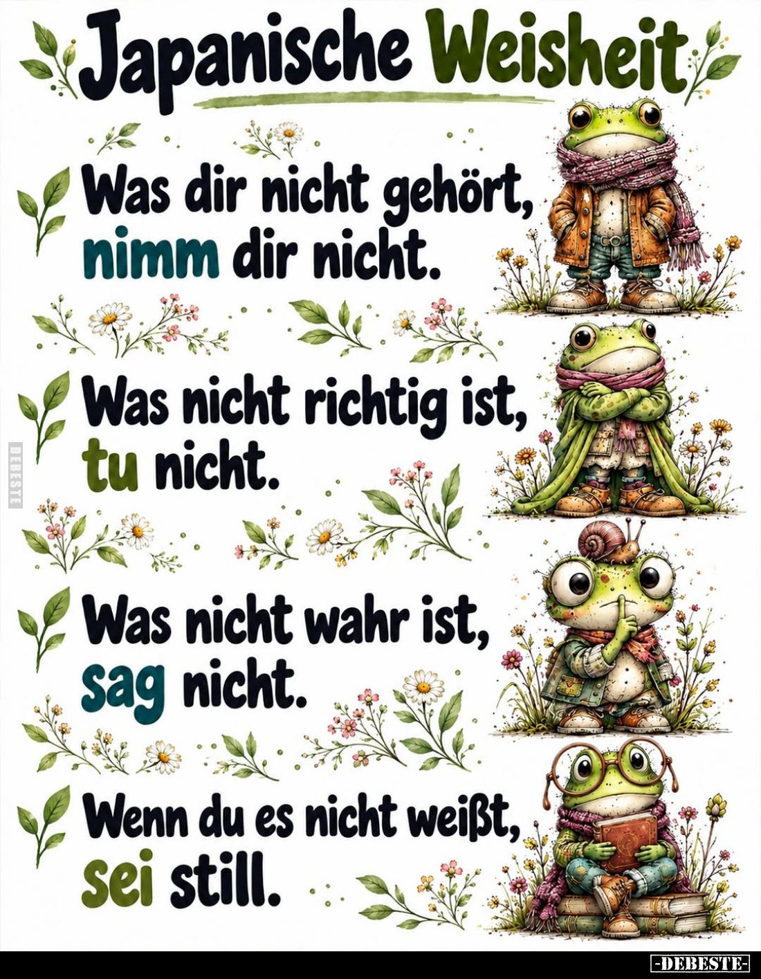 Japanische Weisheit.
-
Was dir nicht gehört, nimm dir nicht. -
Was nicht richtig ist, tu nicht. -
Was nicht wahr ist, sag...