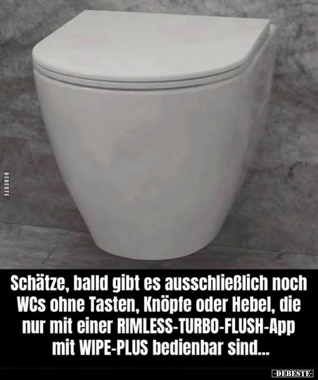 Schätze, bald gibt es ausschließlich noch WCs ohne Tasten, Knöpfe oder Hebel, die nur mit einer RIMLESS-TURBO-FLUSH-App mit W...