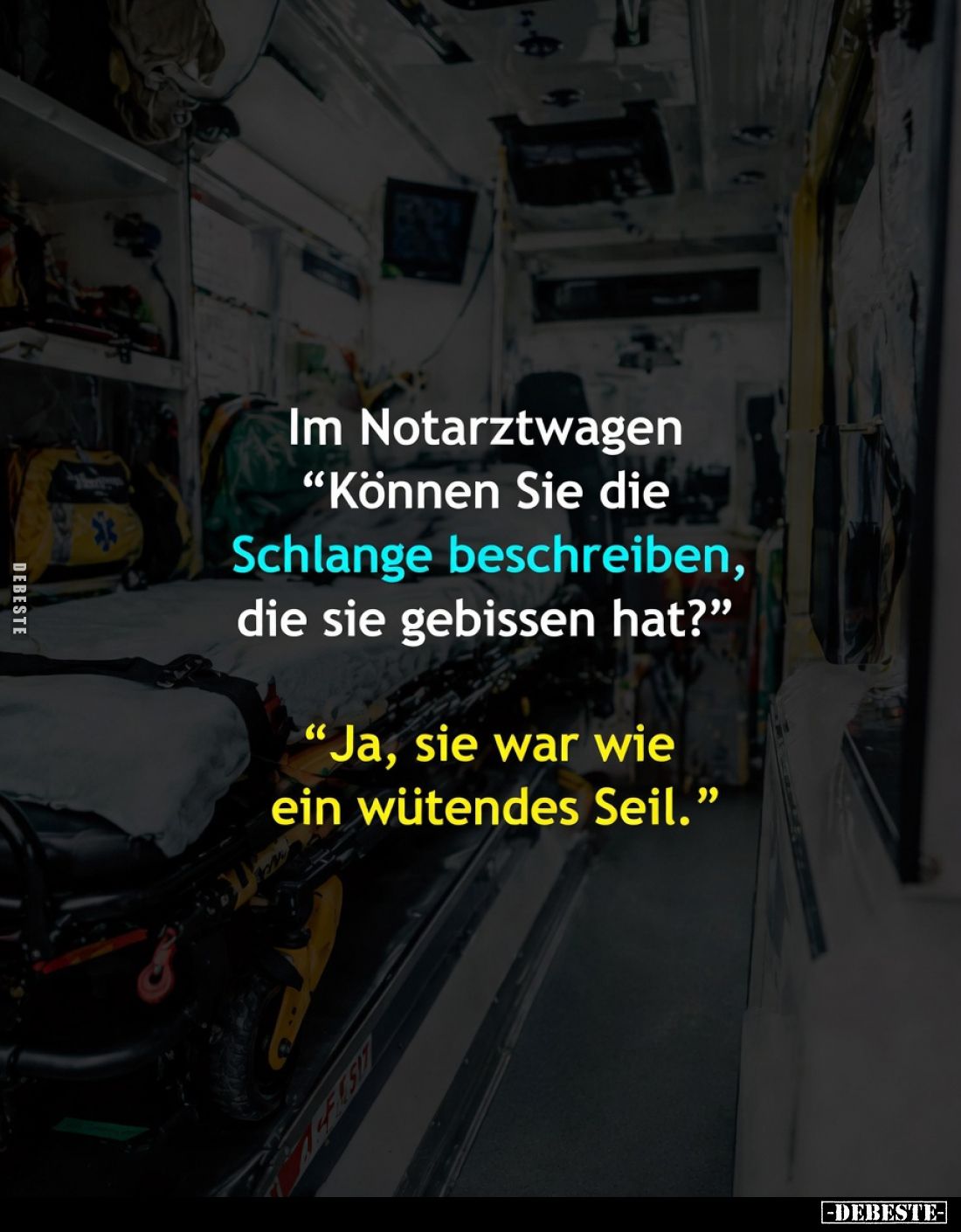 Im Notarztwagen
„Können Sie die Schlange beschreiben, die sie gebissen hat?“
„Ja, sie war wie ein wütendes Seil.“