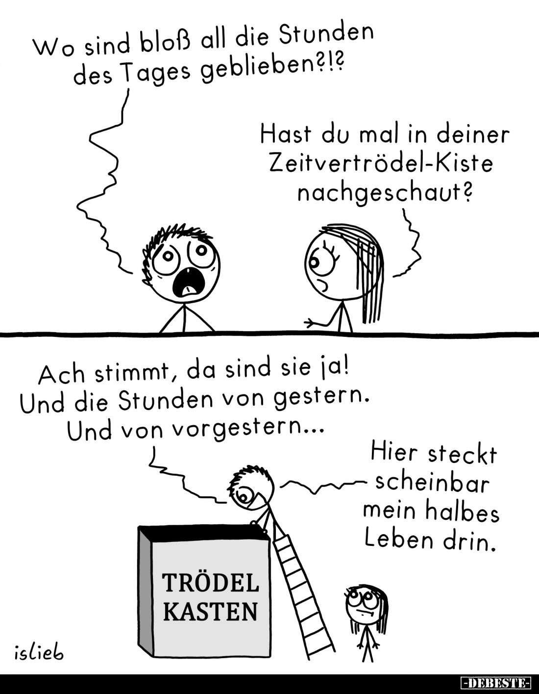 Wo sind bloß all die Stunden des Tages geblieben?!? -
Hast du mal in deiner Zeitvertrödel-Kiste nachgeschaut? -
Ach stimmt,...
