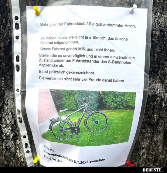 Sehr geehrter Fahrraddieb / Sie gottverdammter Arsch.. - Lustige Bilder | DEBESTE.de