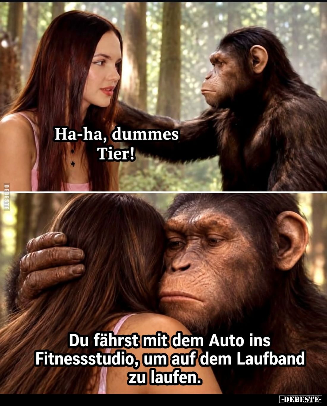 - Haha, dummes Tier! 

- Du fährst mit dem Auto ins Fitnessstudio, um auf dem Laufband zu laufen.