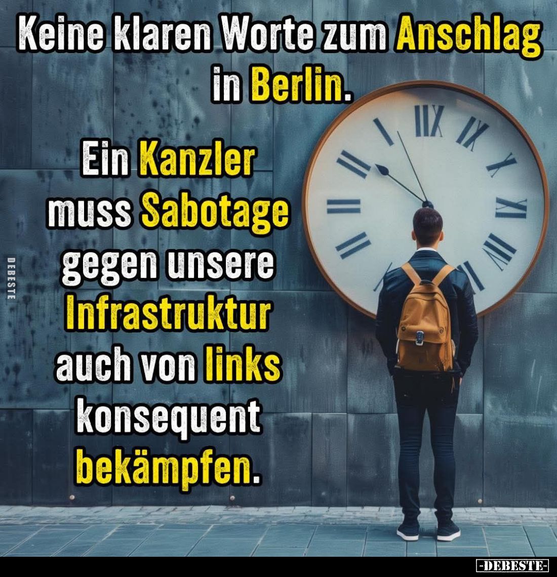 Keine klaren Worte zum Anschlag in Berlin.
Ein Kanzler muss Sabotage gegen unsere Infrastruktur auch von links konsequent be...