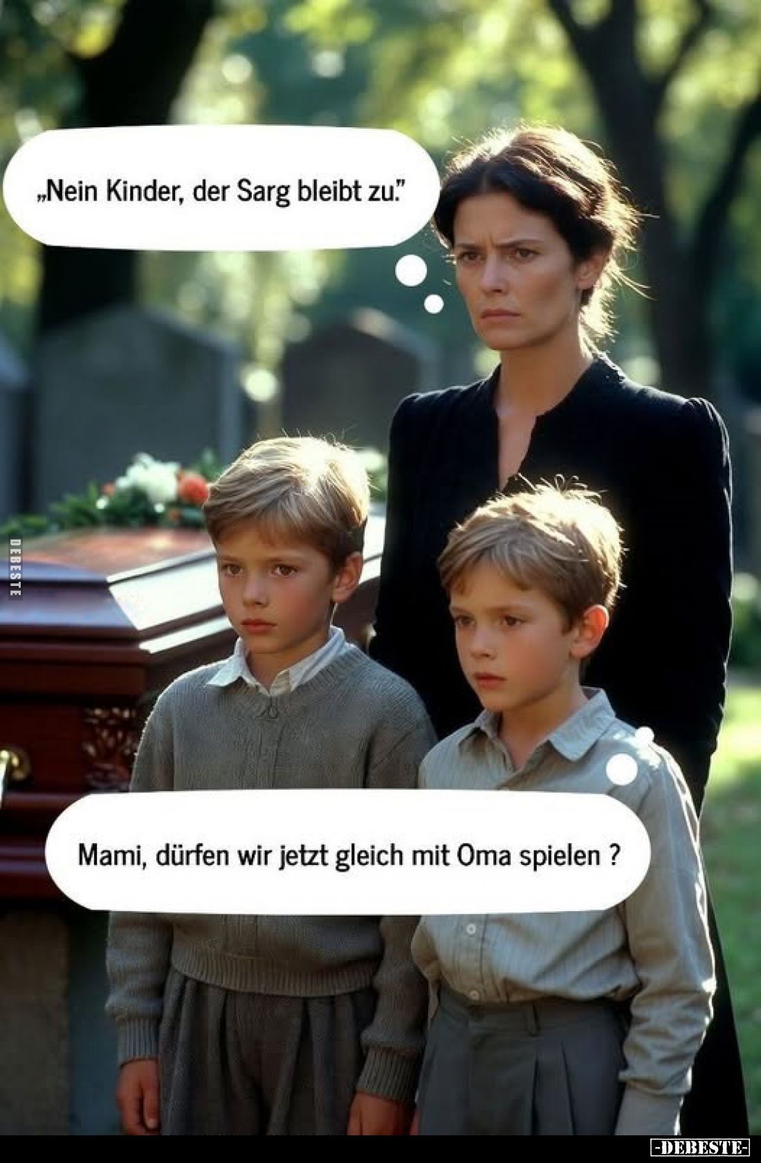 Mami, dürfen wir jetzt gleich mit Oma spielen ?
-
„Nein Kinder, der Sarg bleibt zu."