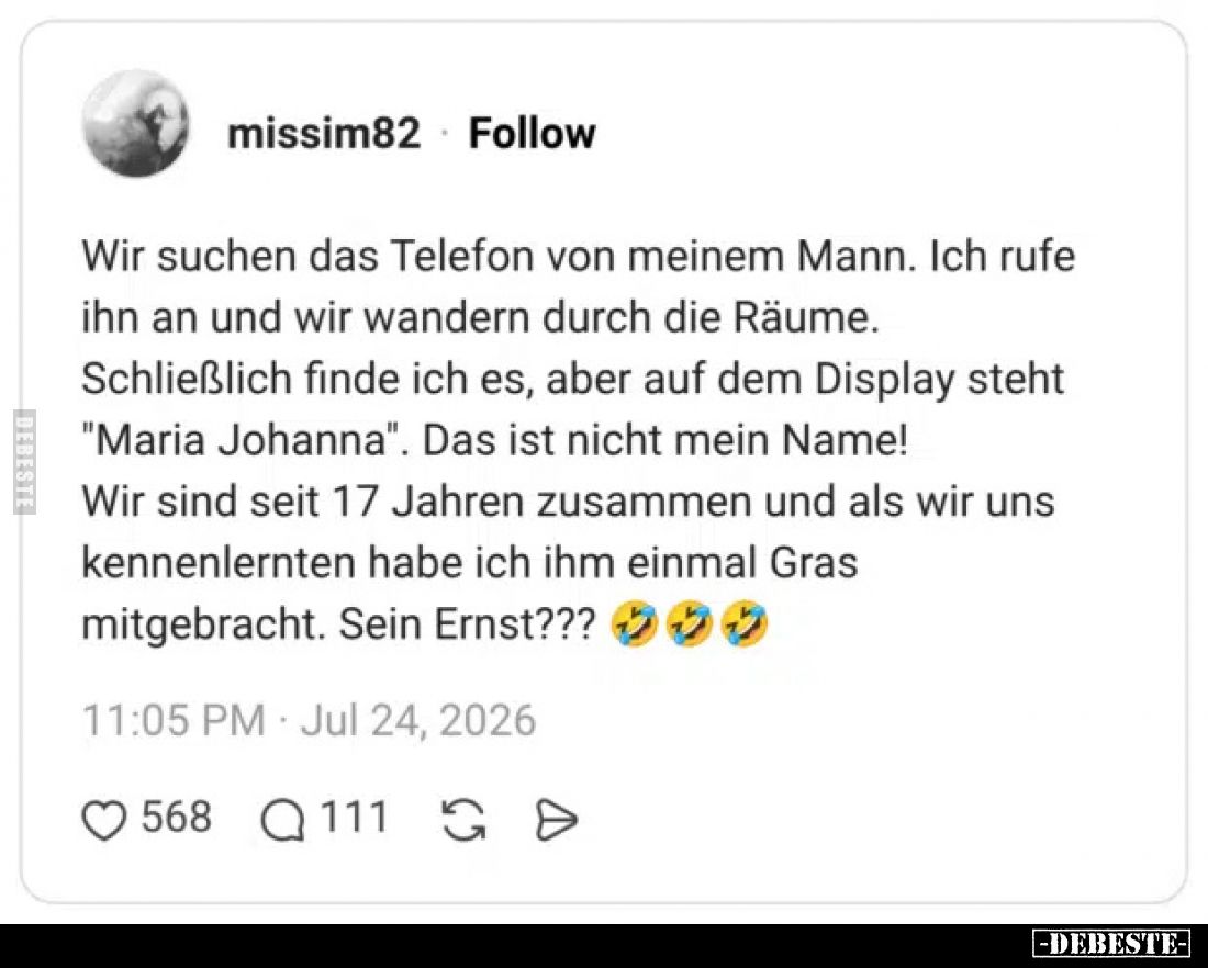 Wir suchen das Telefon von meinem Mann. Ich rufe ihn an und wir wandern durch die Räume. Schließlich finde ich es, aber auf d...