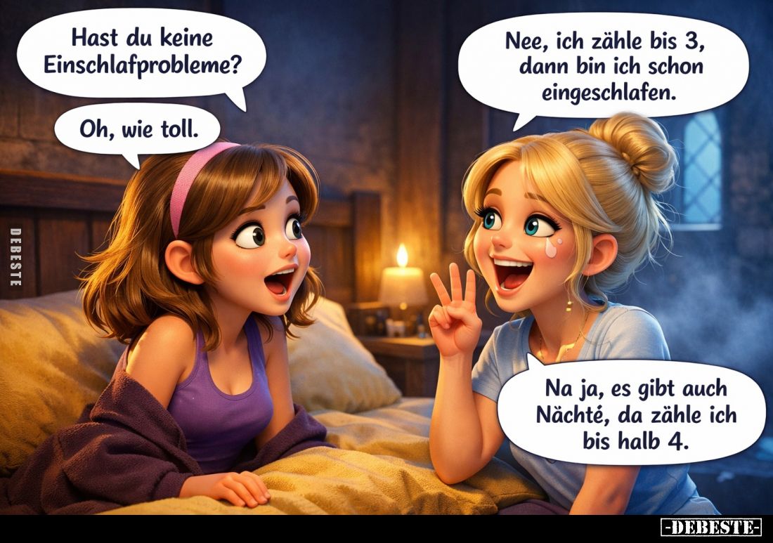 Hast du keine Einschlafprobleme?
-
Nee, ich zähle bis 3, dann bin ich schon eingeschlafen. - Oh, wie toll. -
Na ja, es gi...