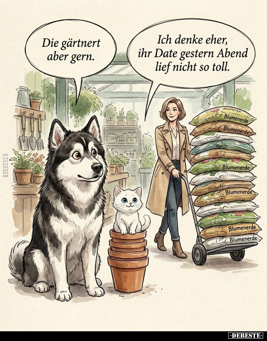 Die gärtnert aber gern. -
Ich denke eher, ihr Date gestern Abend lief nicht so toll.