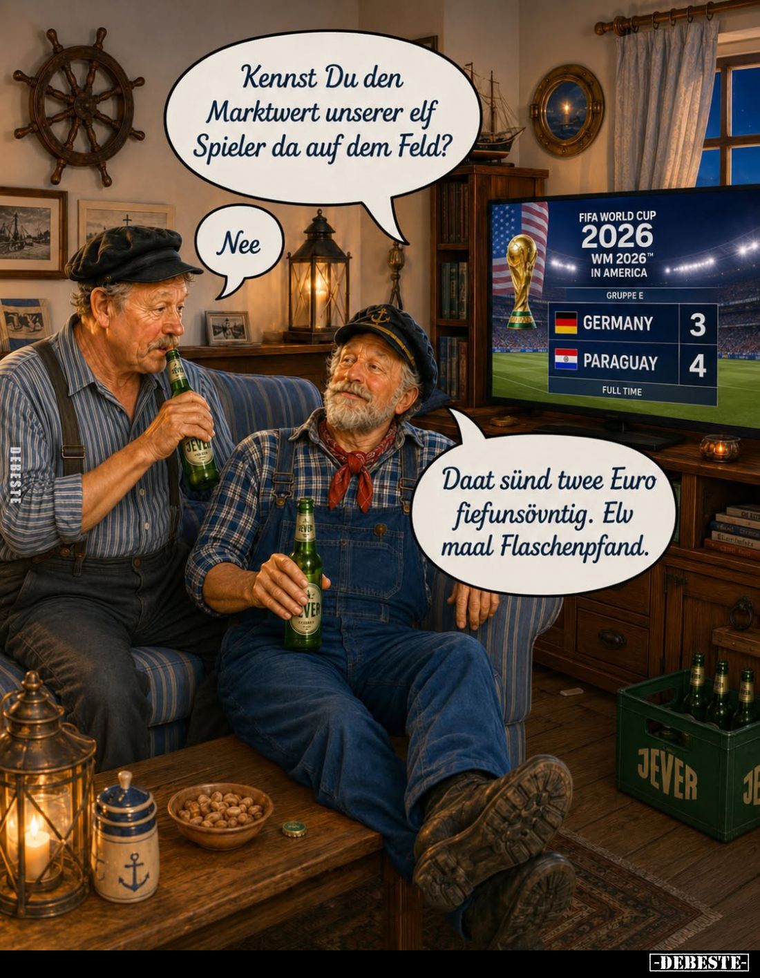 Kennst Du den Marktwert unserer elf Spieler da auf dem Feld? -
Nee.
-
Daat sünd twee Euro fiefunsövntig. Elv maal Flaschen...