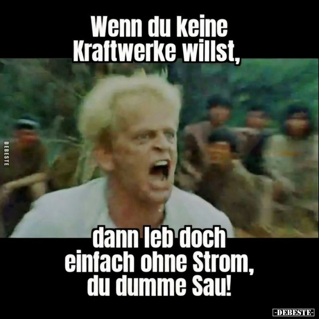 Wenn du keine Kraftwerke willst,
dann leb doch einfach ohne Strom, du dumme Sau!