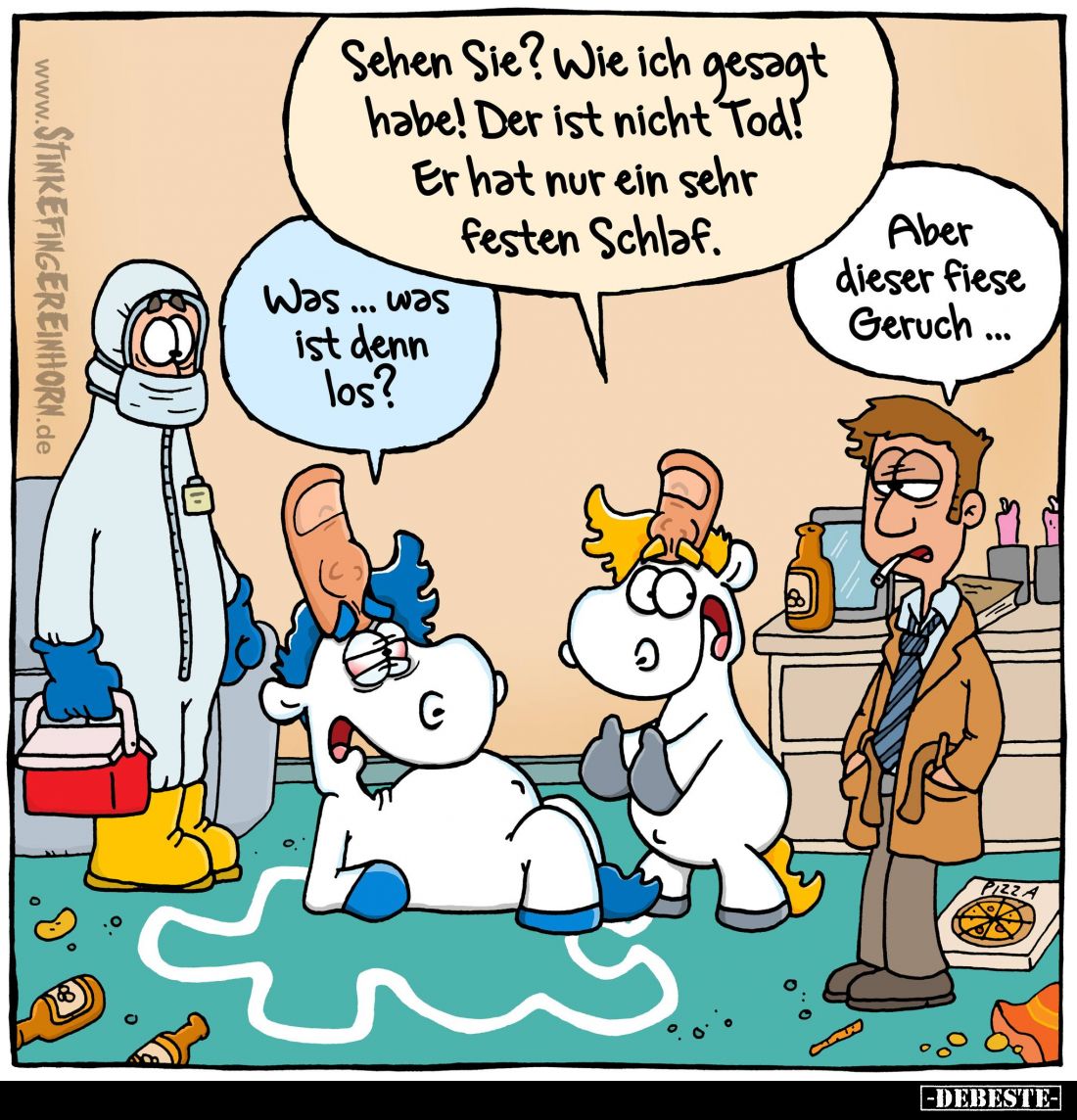 Sehen Sie, wie ich gesagt habe, der ist nicht tot. Er hat nur einen sehr festen Schlaf. -
Aber dieser Leichengeruch? -
Was....