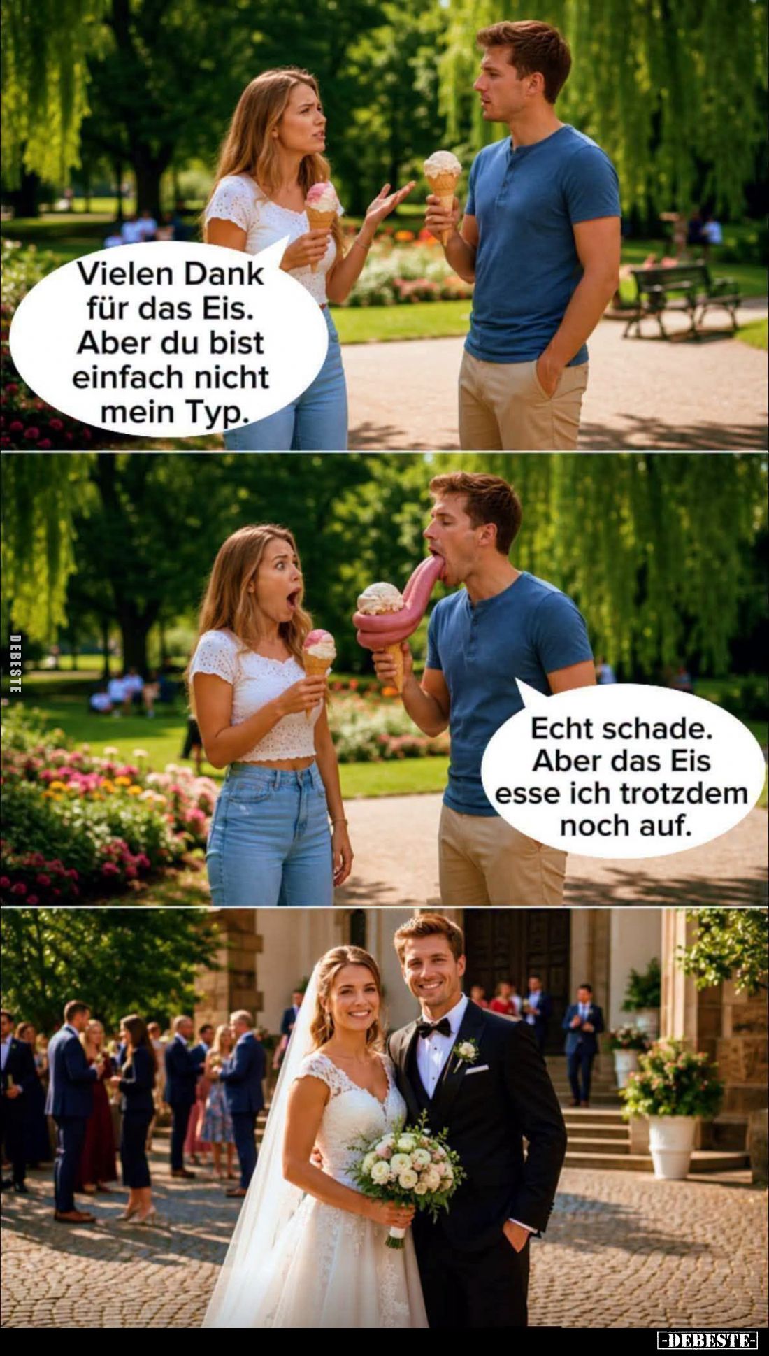 Vielen Dank für das Eis. Aber du bist einfach nicht mein Typ. -
Echt schade. Aber das Eis esse ich trotzdem noch auf.
