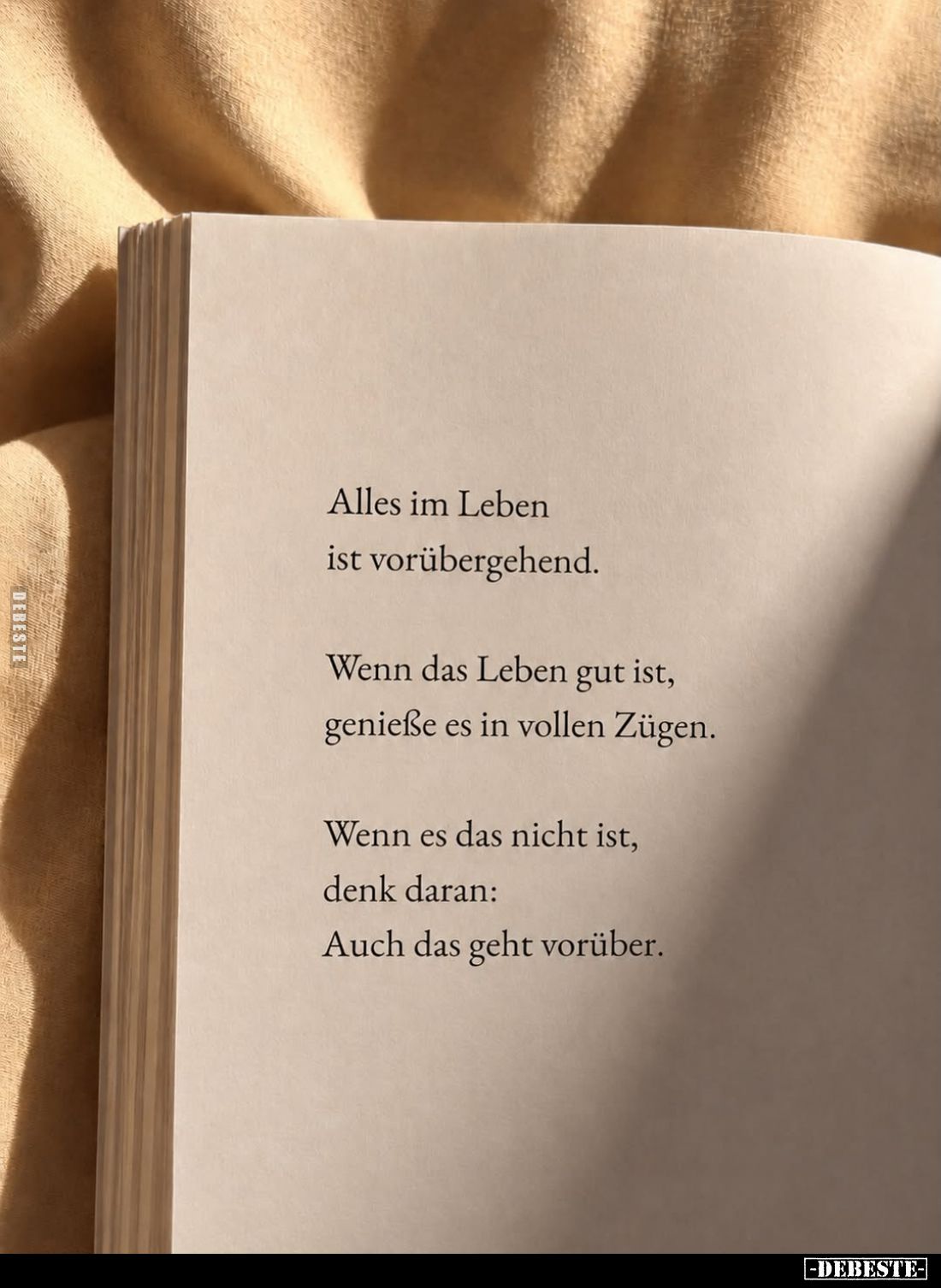 Alles im Leben ist vorübergehend.
Wenn das Leben gut ist, genieße es in vollen Zügen.
Wenn es das nicht ist, denk daran: Au...