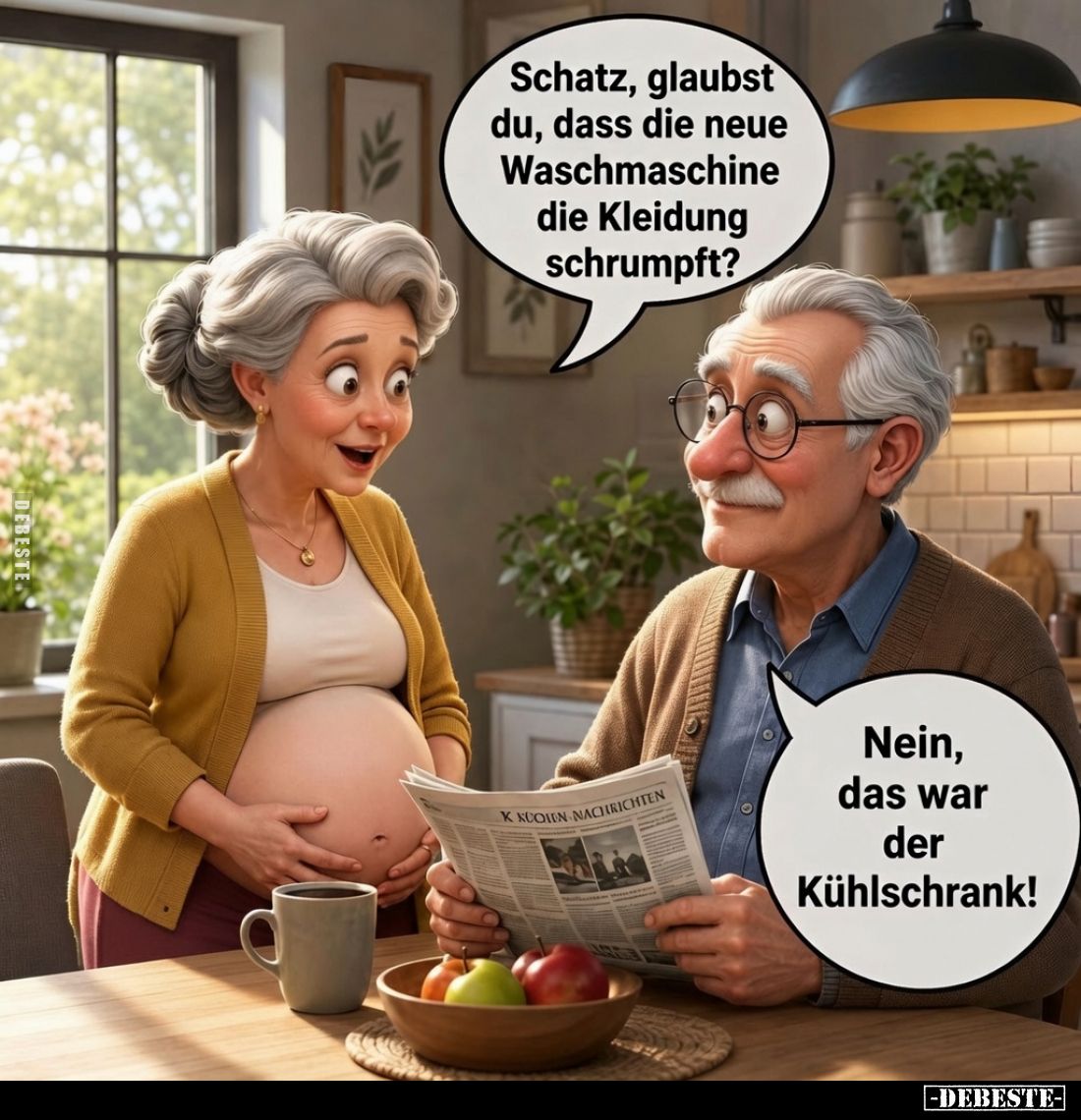 Schatz, glaubst du, dass die neue Waschmaschine die Kleidung schrumpft? -
Nein, das war der Kühlschrank!