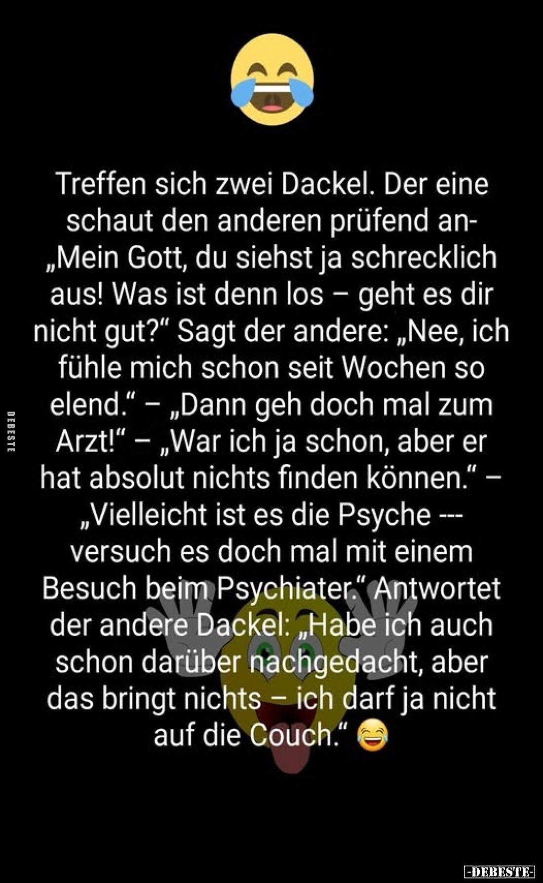 Treffen sich zwei Dackel. Der eine schaut den anderen prüfend an-„Mein Gott, du siehst ja schrecklich aus! Was ist denn los -...