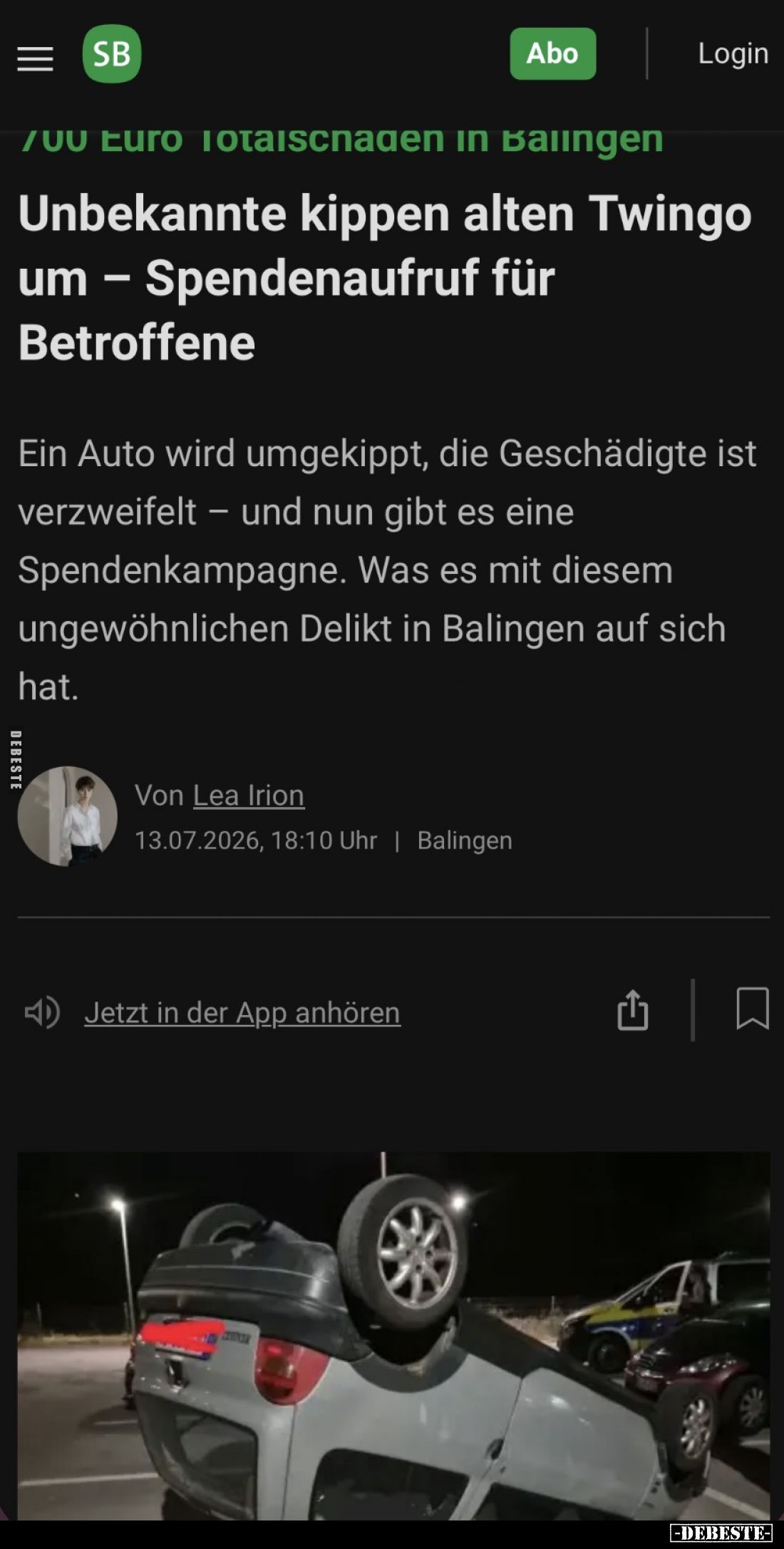 Unbekannte kippen alten Twingo um – Spendenaufruf für Betroffene.
Ein Auto wird umgekippt, die Geschädigte ist verzweifelt...