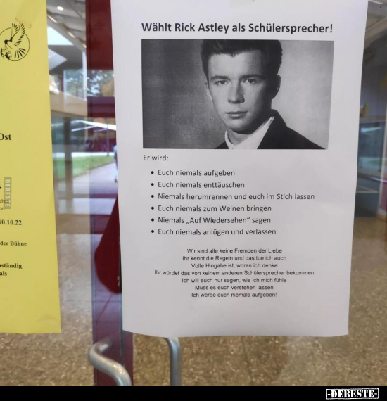 Wählt Rick Astley als Schülersprecher!