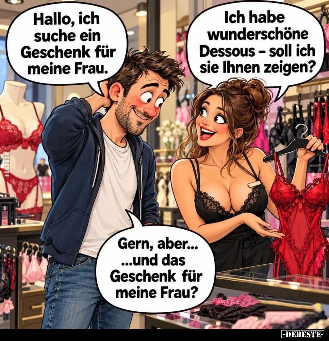 Hallo, ich suche ein Geschenk für meine Frau. -
Ich habe wunderschöne Dessous - soll ich sie Ihnen zeigen? -
Gern, aber... ...