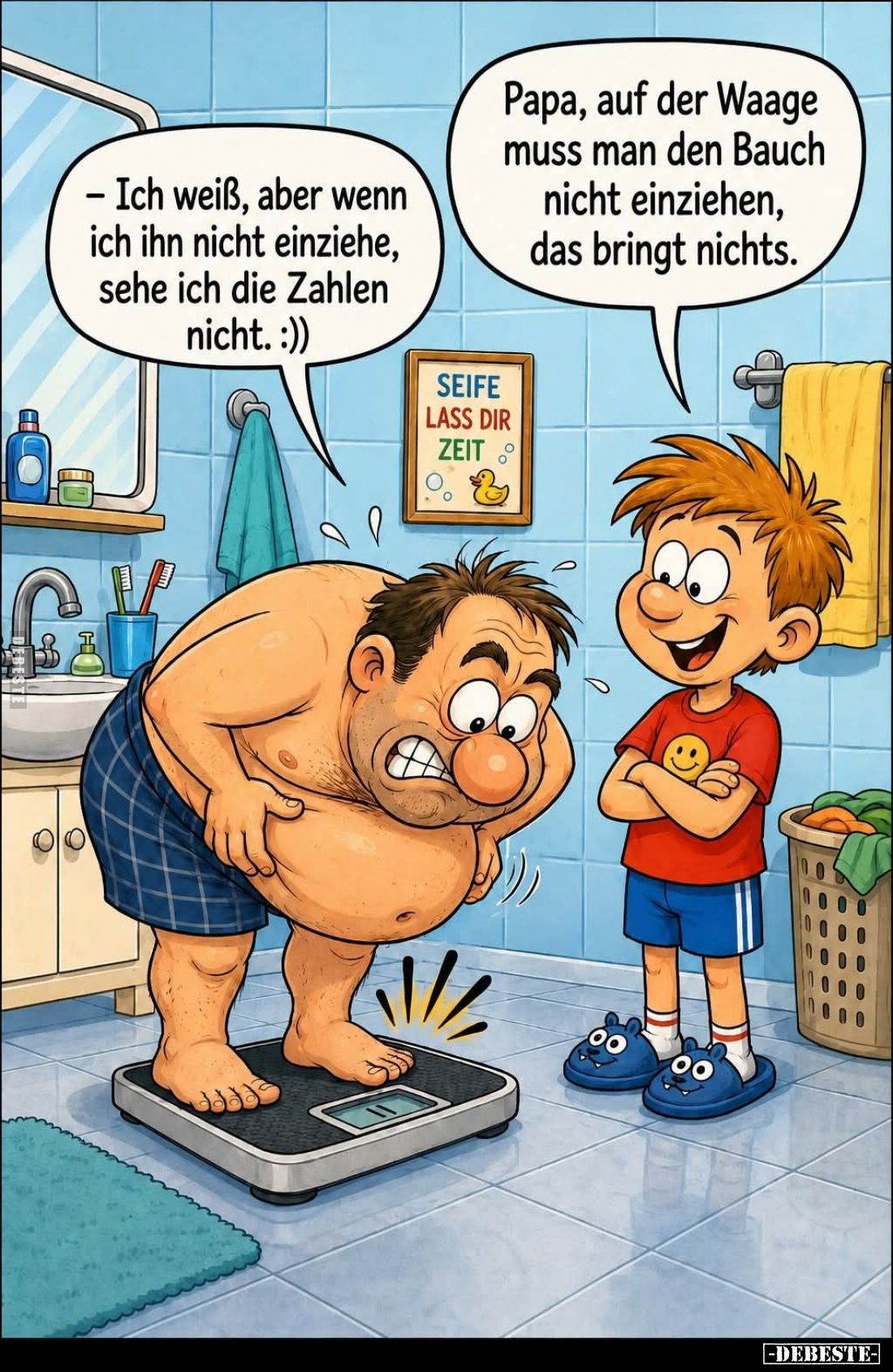 Papa, auf der Waage muss man den Bauch nicht einziehen, das bringt nichts. - Ich weiß, aber wenn ich ihn nicht einziehe, sehe...