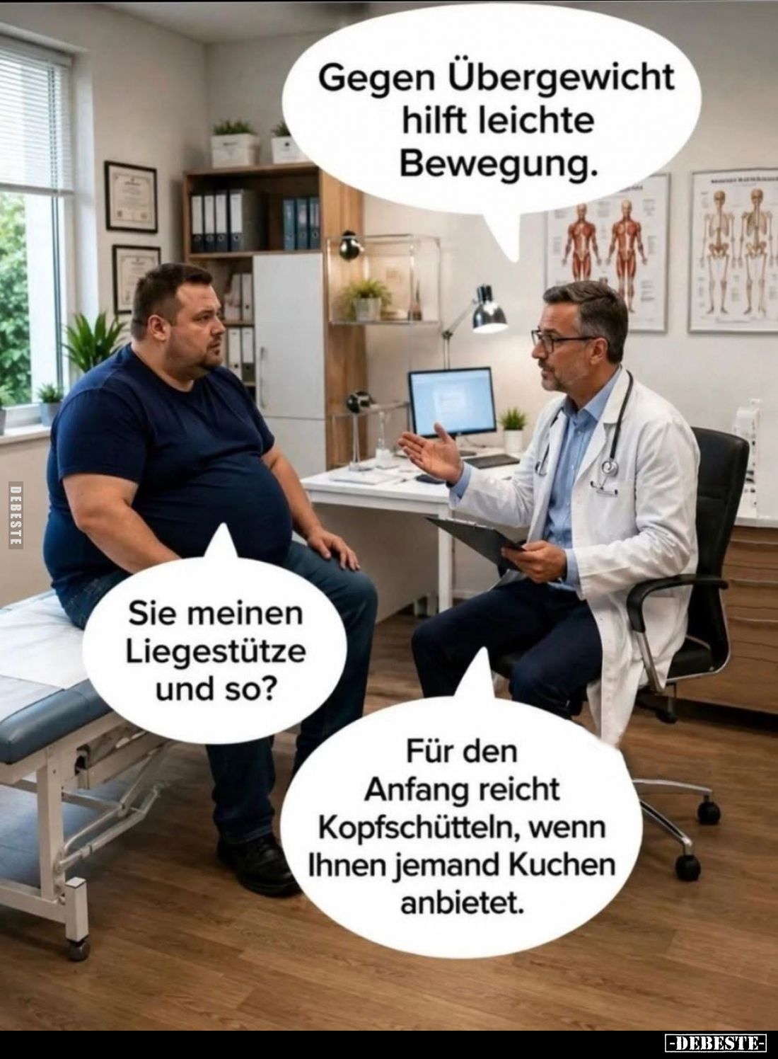 Gegen Übergewicht hilft leichte Bewegung.
-
Sie meinen Liegestütze und so?
-
Für den Anfang reicht Kopfschütteln, wenn Ih...