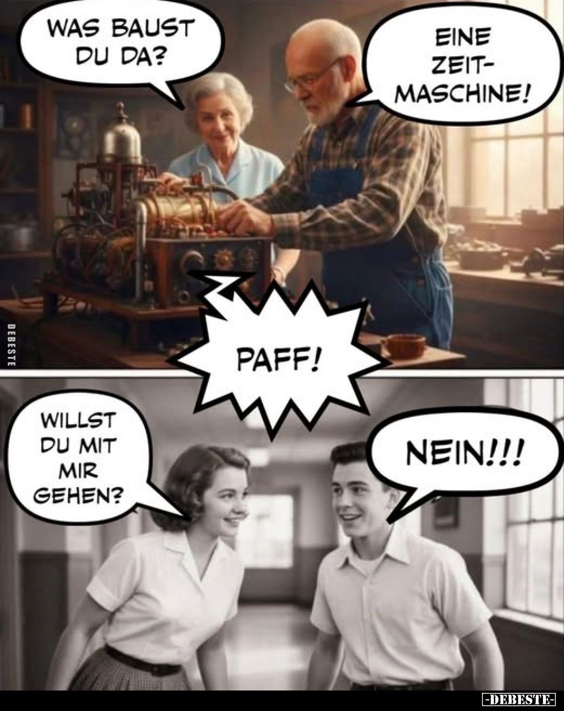 Was baust du da?
Eine Zeitmaschine!
Paff!
Willst du mit mir gehen?
Nein!!!