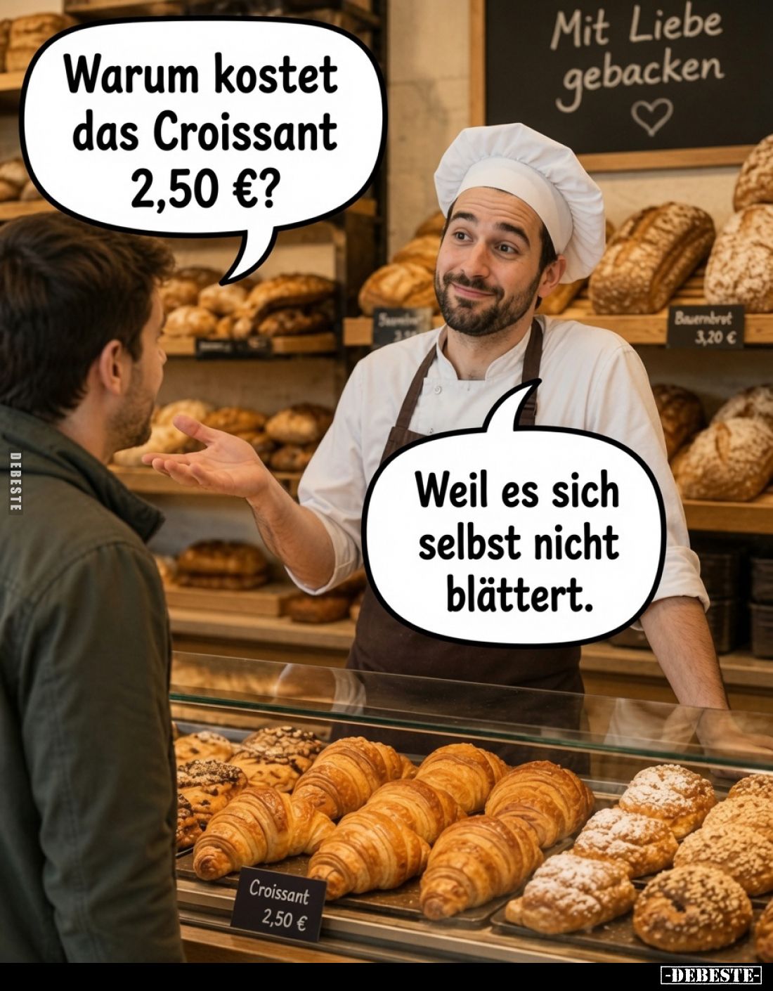 Warum kostet das Croissant 2,50 €?
Weil es sich selbst nicht blättert.