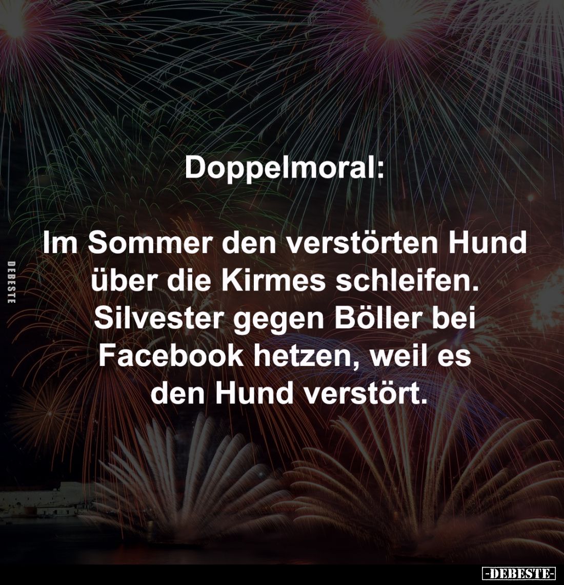 Doppelmoral: 

Im Sommer den verstörten Hund 
über die Kirmes schleifen. 
Silvester gegen Böller bei 
Facebook hetzen, w...