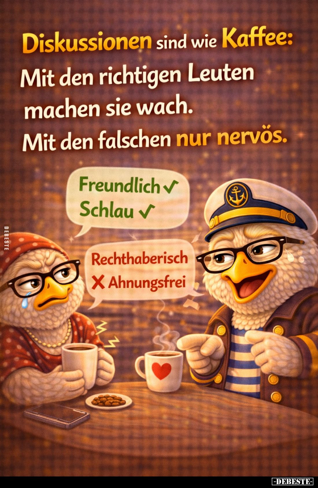 Diskussionen sind wie Kaffee:
Mit den richtigen Leuten machen sie wach.
Mit den falschen nur nervös.