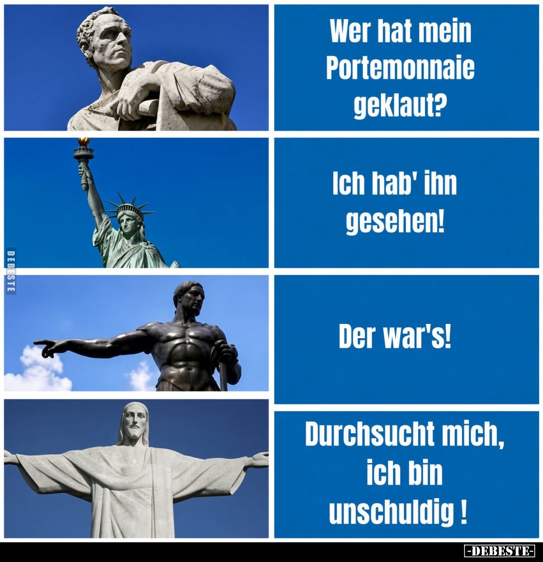 Wer hat mein Portemonnaie geklaut?
Ich hab' ihn gesehen!
Der war's!
Durchsucht mich, ich bin unschuldig...
