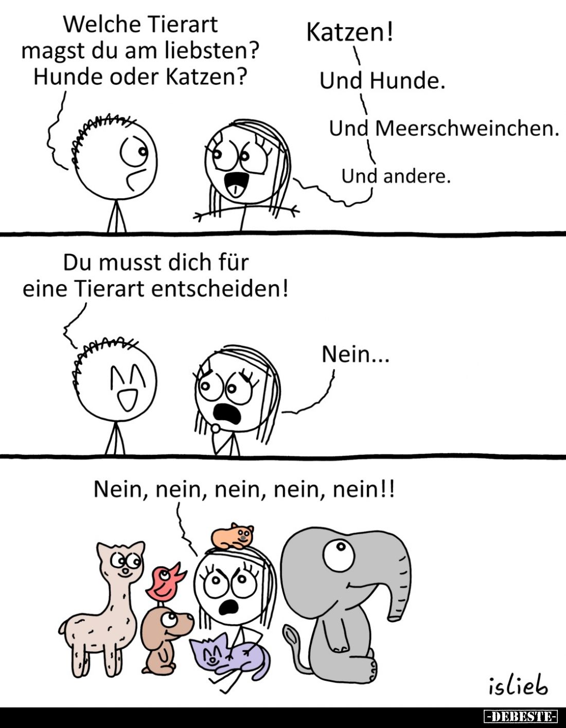 Welche Tierart magst du am liebsten? Hunde oder Katzen?
-
Katzen!
Und Hunde.
Und Meerschweinchen.
Und andere.
-
Du mus...