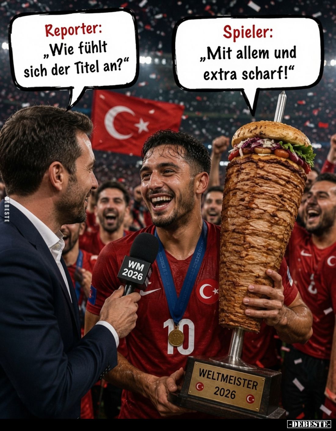 Reporter: „Wie fühlt sich der Titel an?“
Spieler: „Mit allem und extra scharf!“
