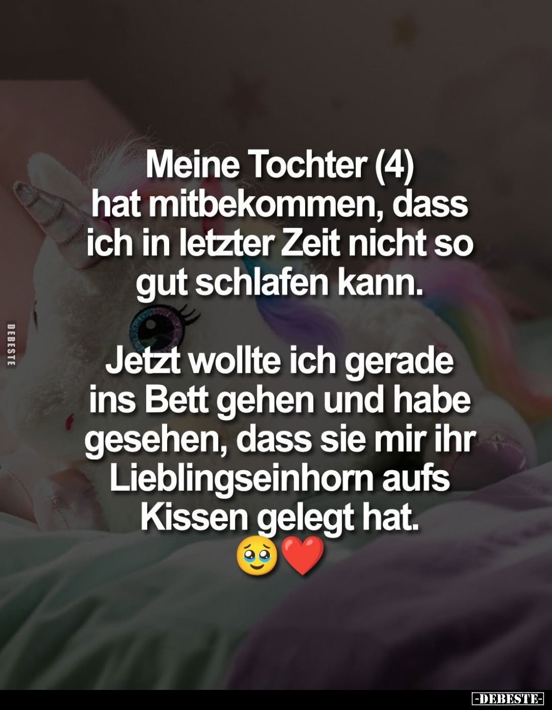 Meine Tochter (4) hat mitbekommen, dass ich in letzter Zeit nicht so gut schlafen kann.
Jetzt wollte ich gerade ins Bett geh...