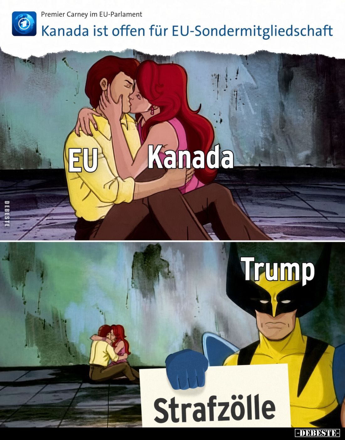Premier Carney im EU-Parlament.
Kanada ist offen für EU-Sondermitgliedschaft.

EU+Kanada.

Trump - Strafzölle.