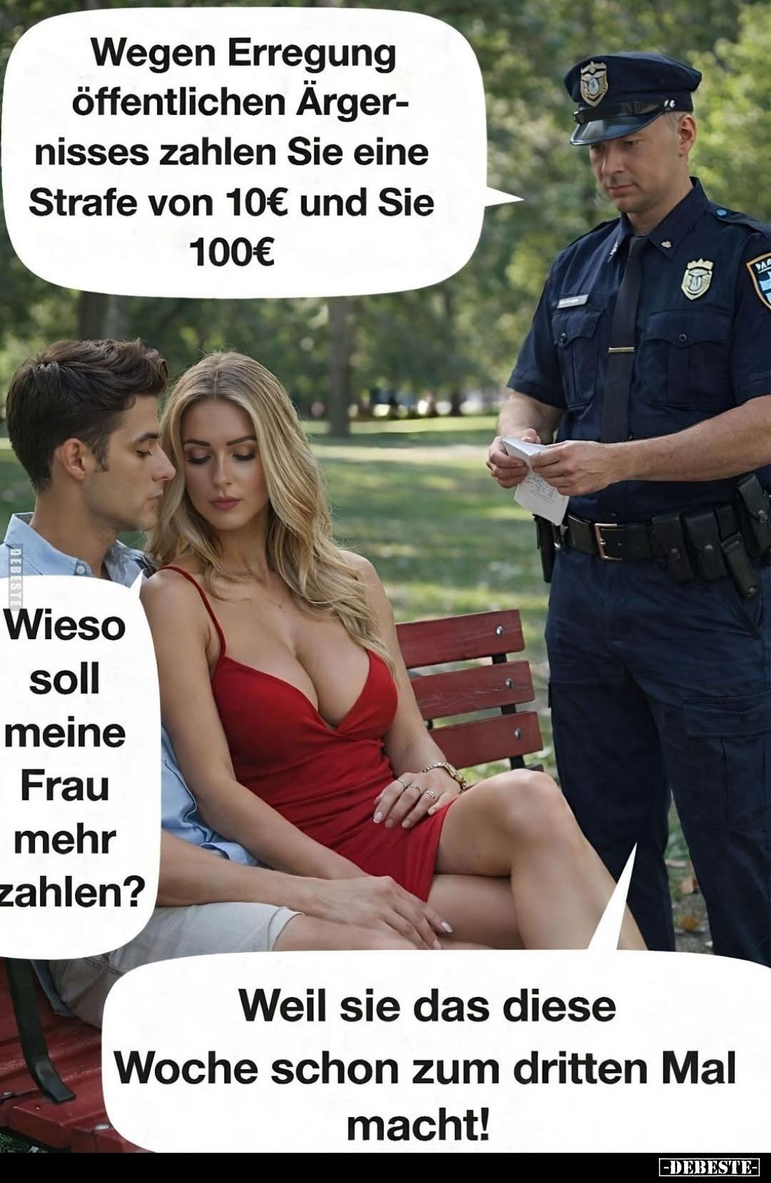 Wegen Erregung öffentlichen Ärgernisses zahlen Sie eine Strafe von 10€ und Sie 100€. -
Wieso soll meine Frau mehr zahlen? -...
