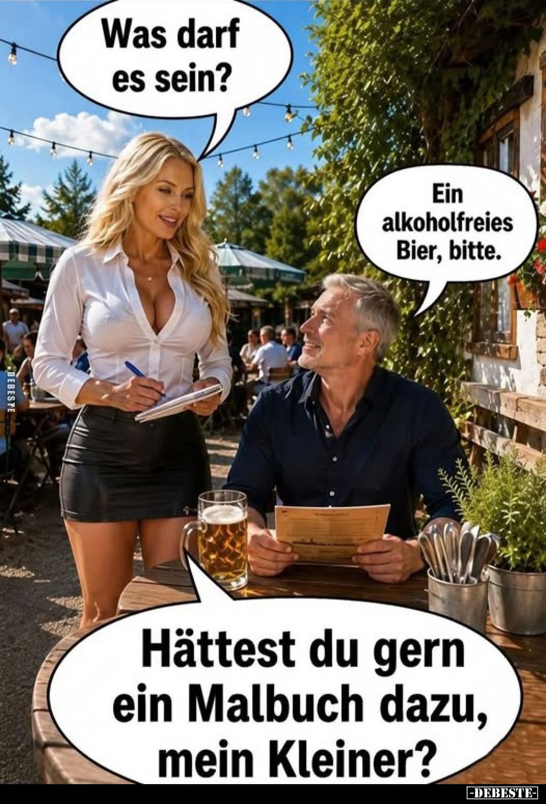 Was darf es sein?
Ein alkoholfreies Bier, bitte.
Hättest du gern ein Malbuch dazu, mein Kleiner?