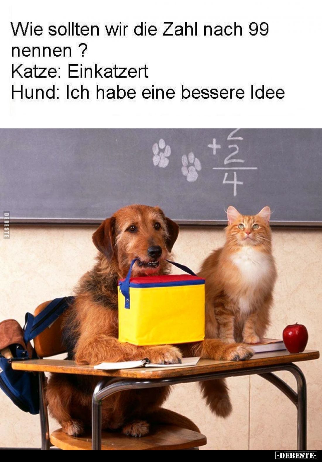 Wie sollten wir die Zahl nach 99 nennen? -
Katze: Einkatzert. -
Hund: Ich habe eine bessere Idee.