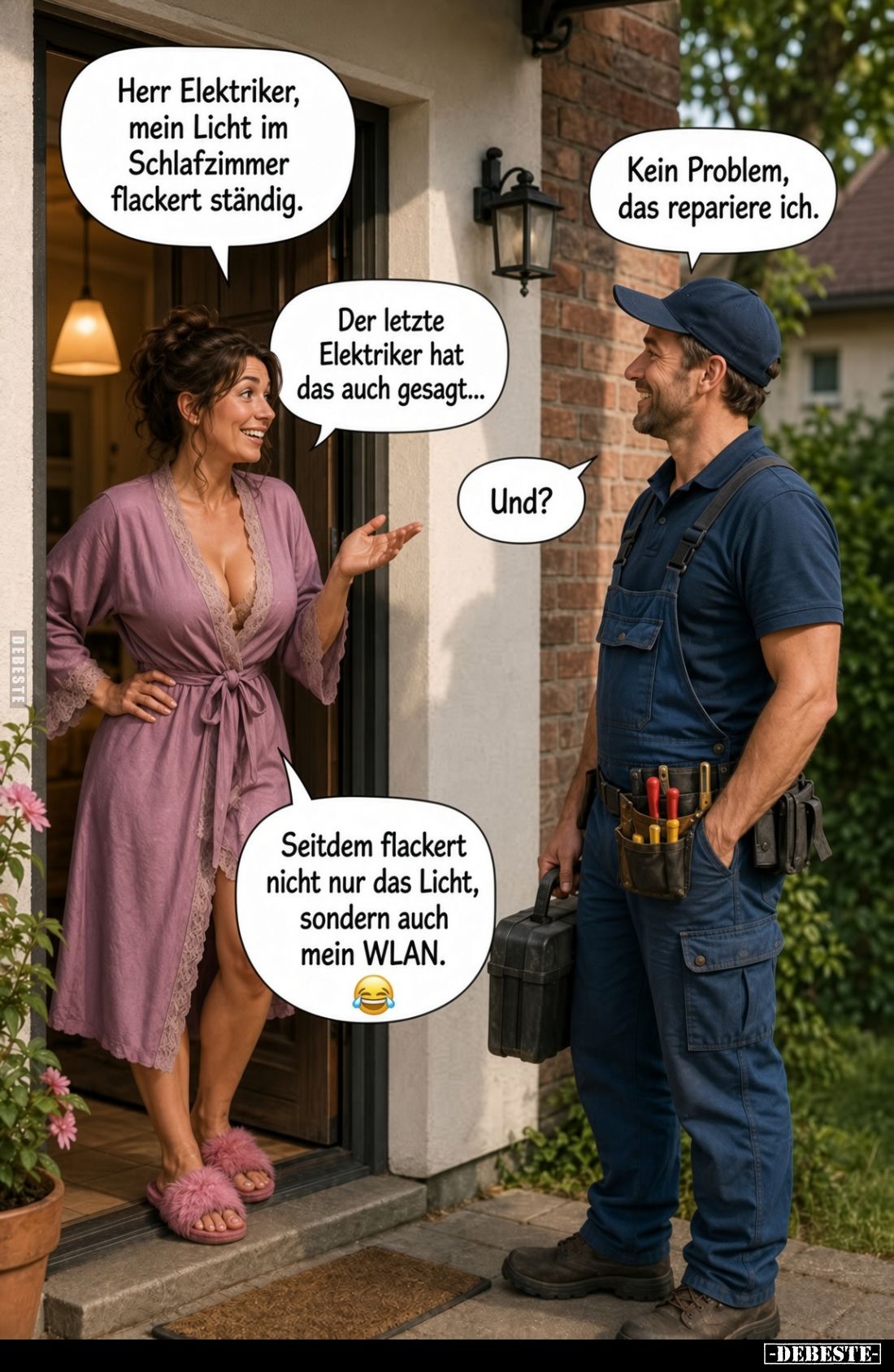 Herr Elektriker, mein Licht im Schlafzimmer flackert ständig.
Kein Problem, das repariere ich.
Der letzte Elektriker hat da...