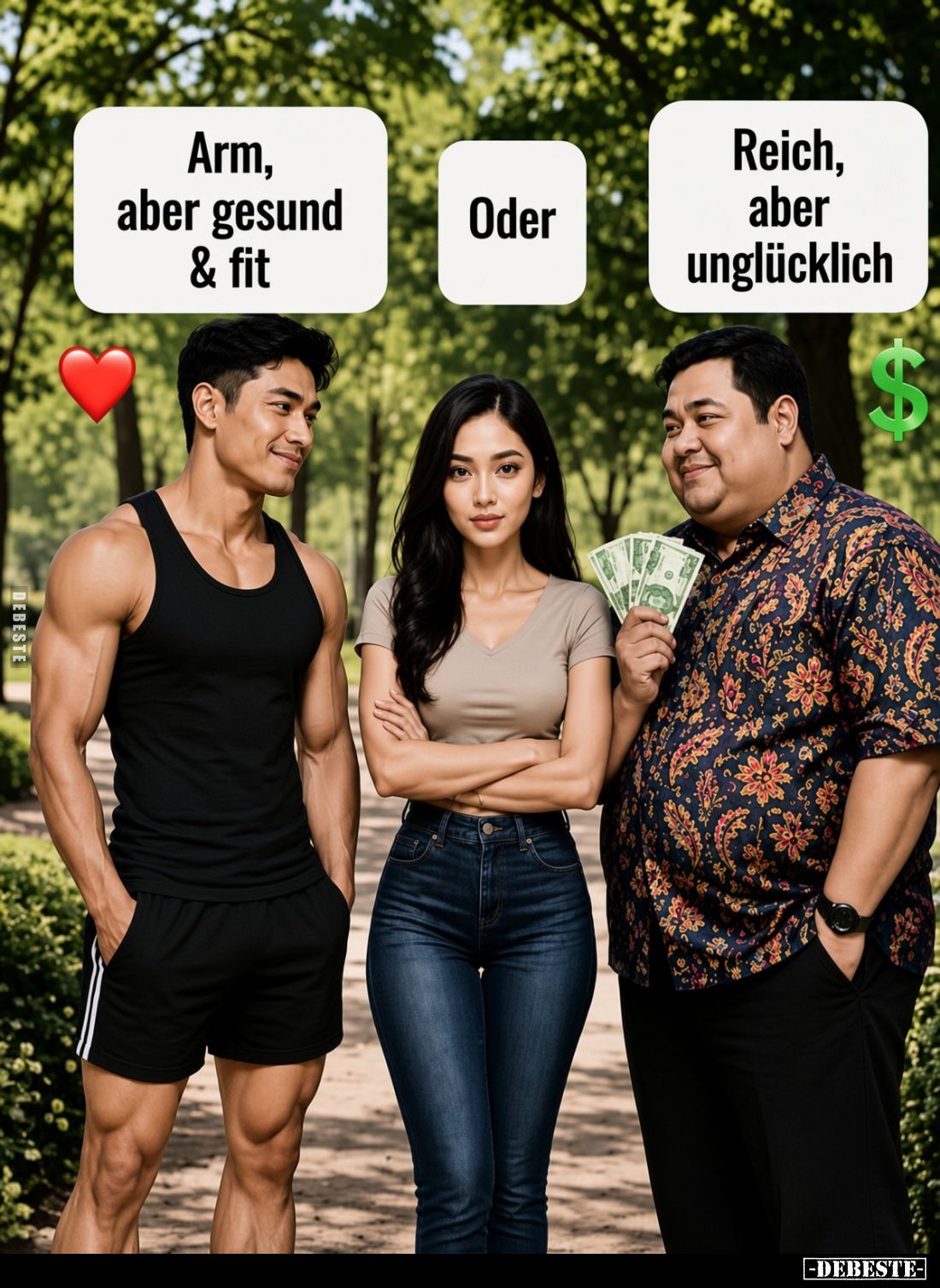 Arm, aber gesund und fit
oder
reich, aber unglücklich.