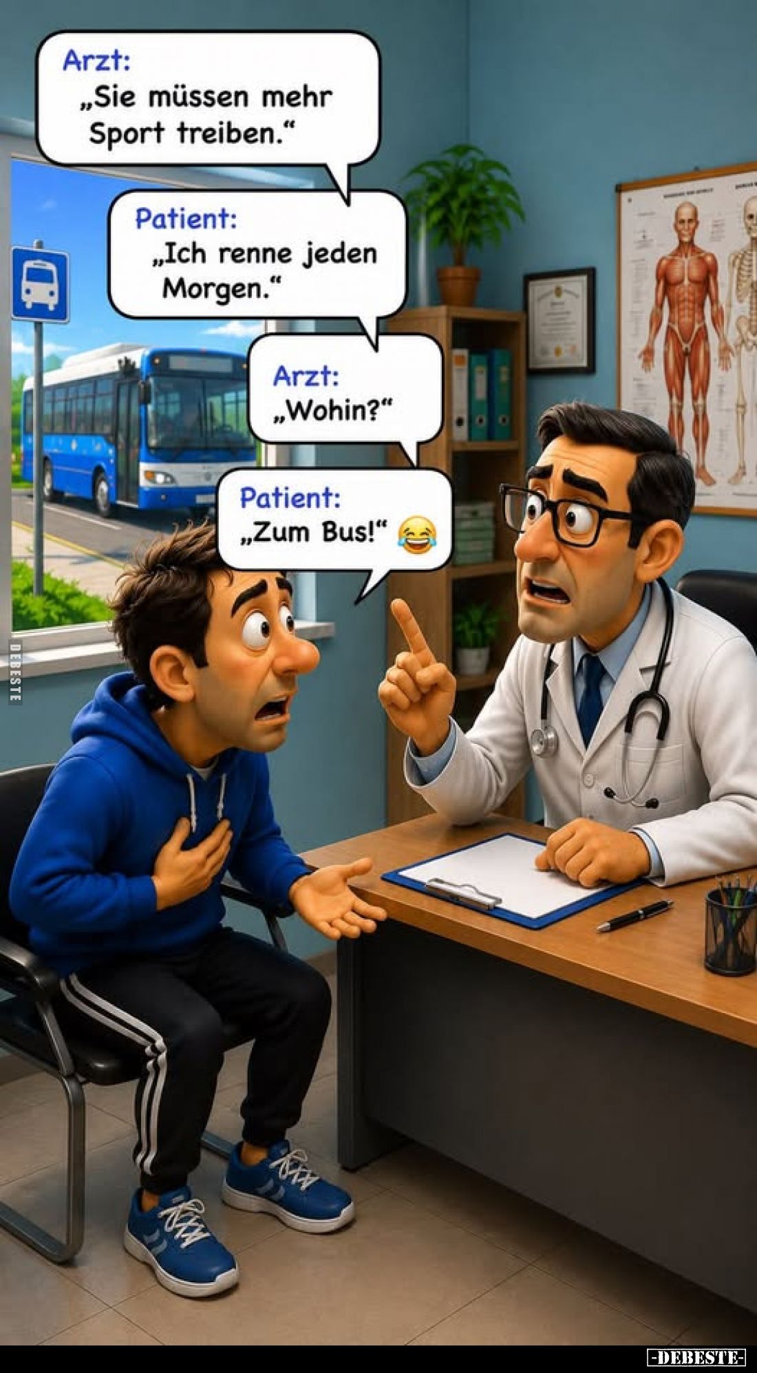 Arzt:
„Sie müssen mehr Sport treiben."
Patient:
„Ich renne jeden Morgen."
Arzt:
„Wohin?"
Patient:
„Zum ...
