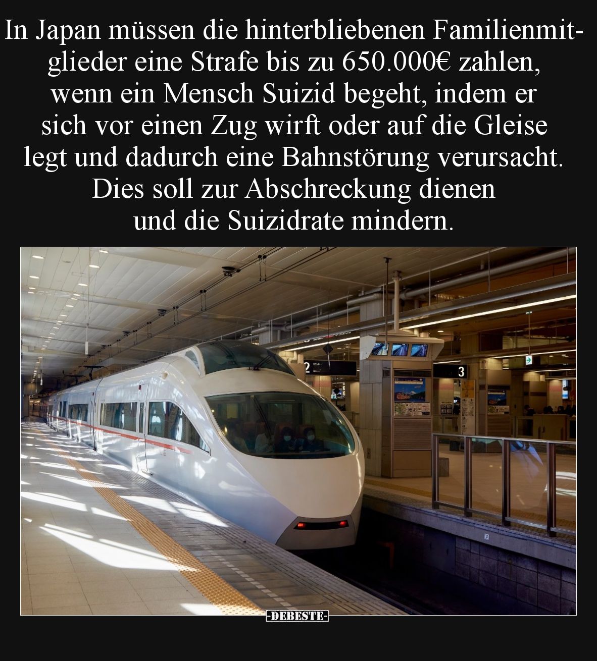 In Japan müssen die hinterbliebenen Familienmitglieder eine Strafe bis zu 650.000€ zahlen, wenn ein Mensch Suizid begeht, ind...