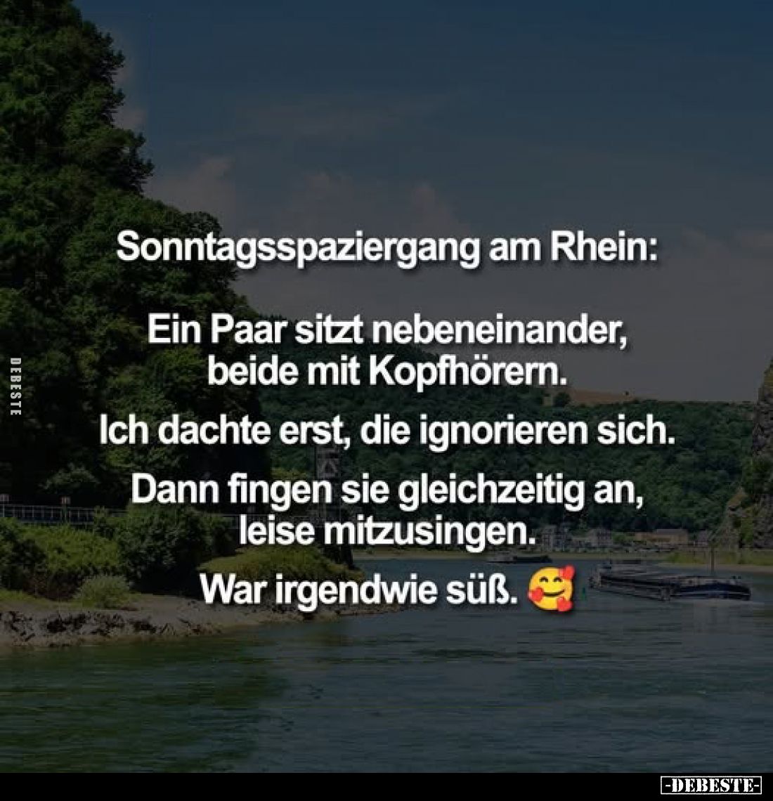 Sonntagsspaziergang am Rhein:
Ein Paar sitzt nebeneinander, beide mit Kopfhörern.
Ich dachte erst, die ignorieren sich.
Da...