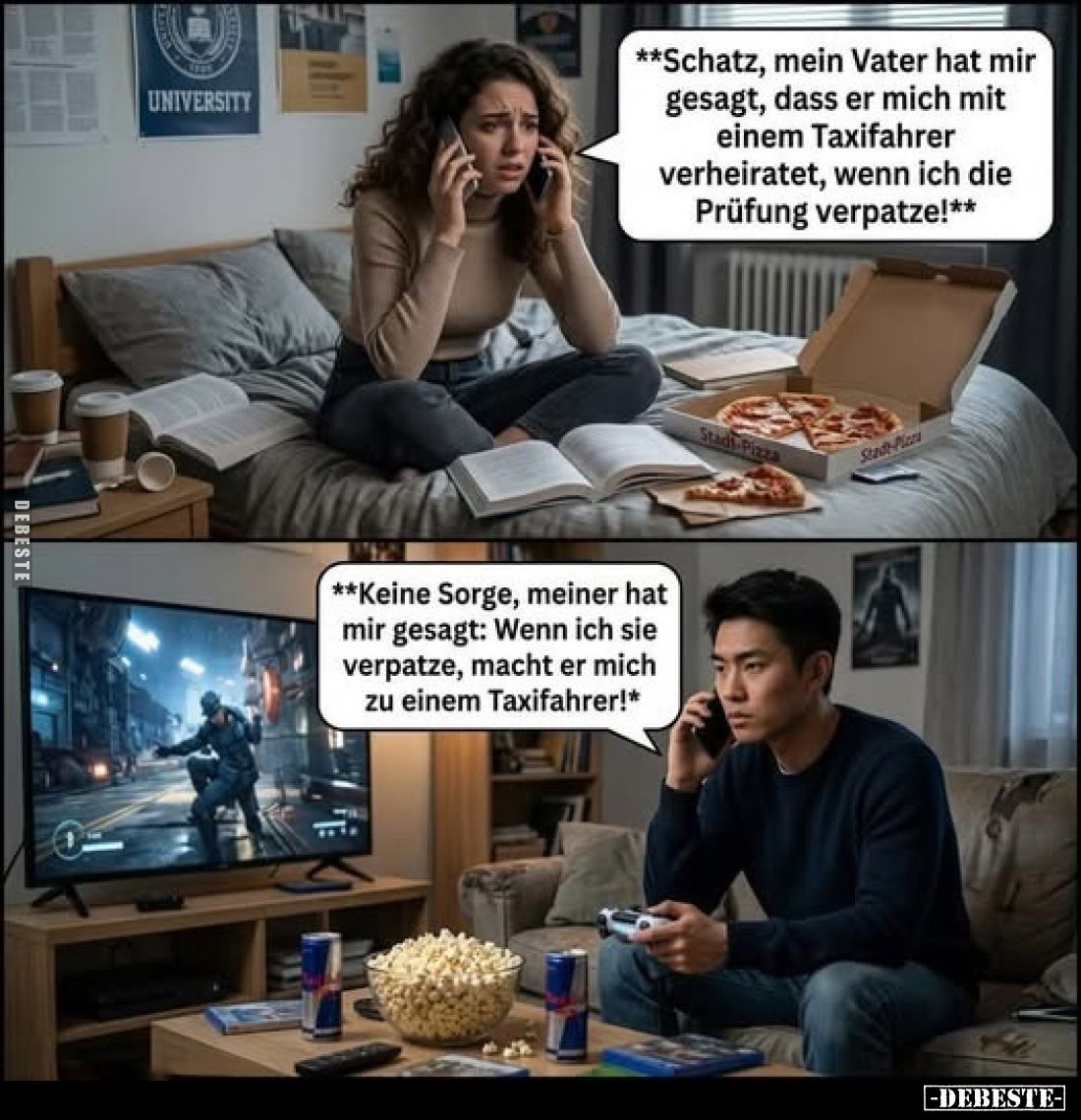 **Schatz, mein Vater hat mir gesagt, dass er mich mit einem Taxifahrer verheiratet, wenn ich die Prüfung verpatze!**
-
**Ke...