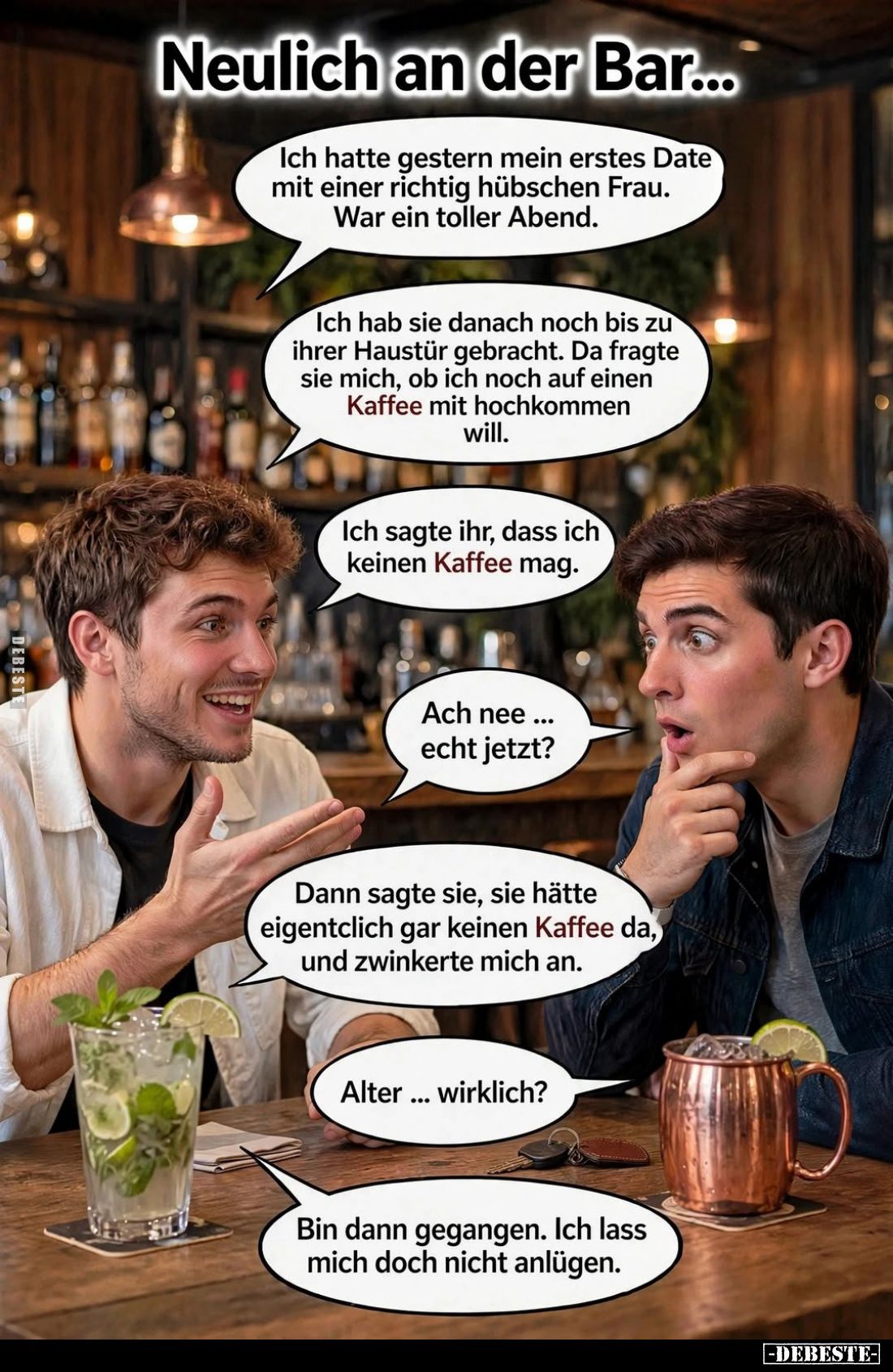 Neulich an der Bar...

Ich hatte gestern mein erstes Date mit einer richtig hübschen Frau. War ein toller Abend.

Ich hab...