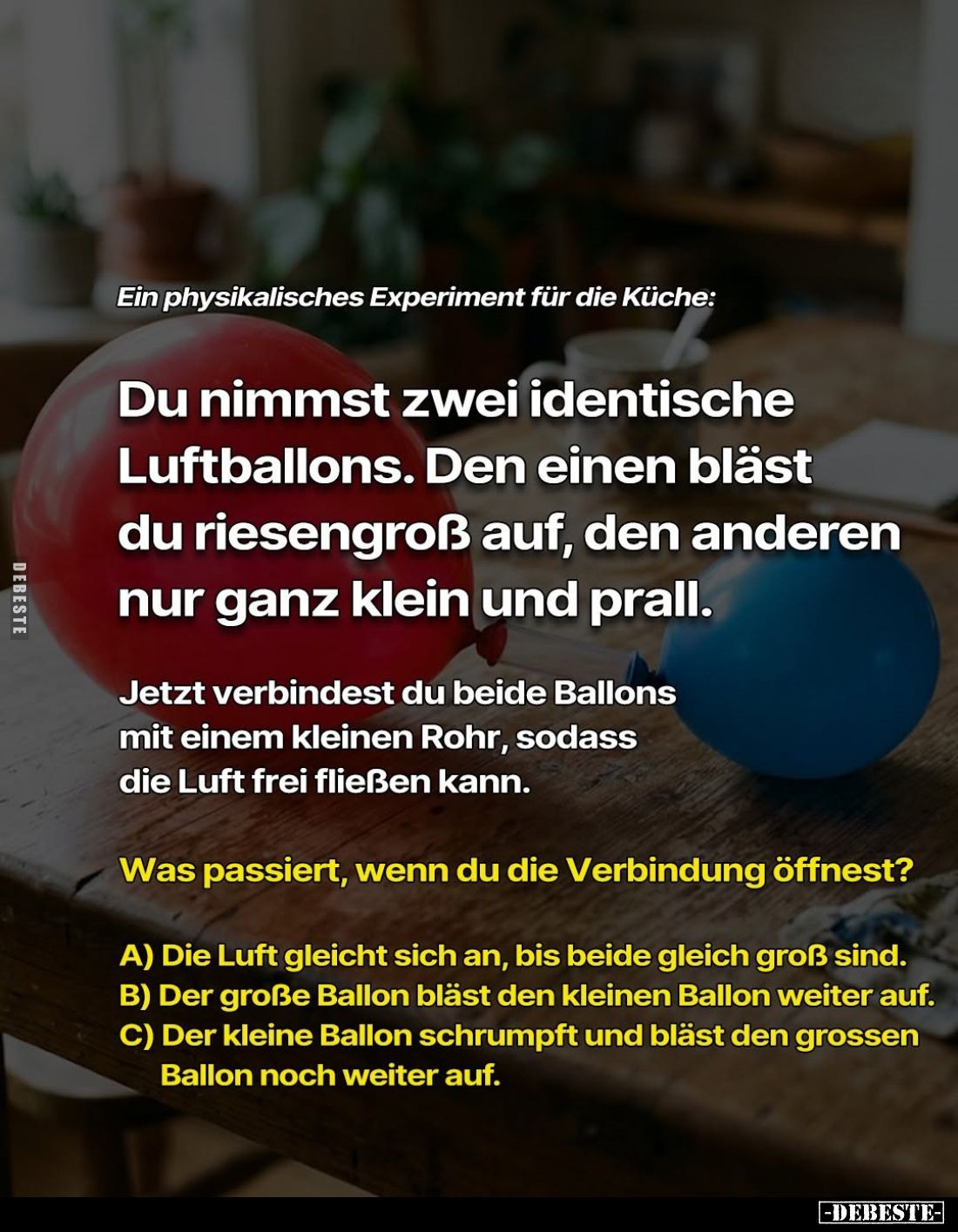 Ein physikalisches Experiment für die Küche:
Du nimmst zwei identische Luftballons. Den einen bläst du riesengroß auf, den a...