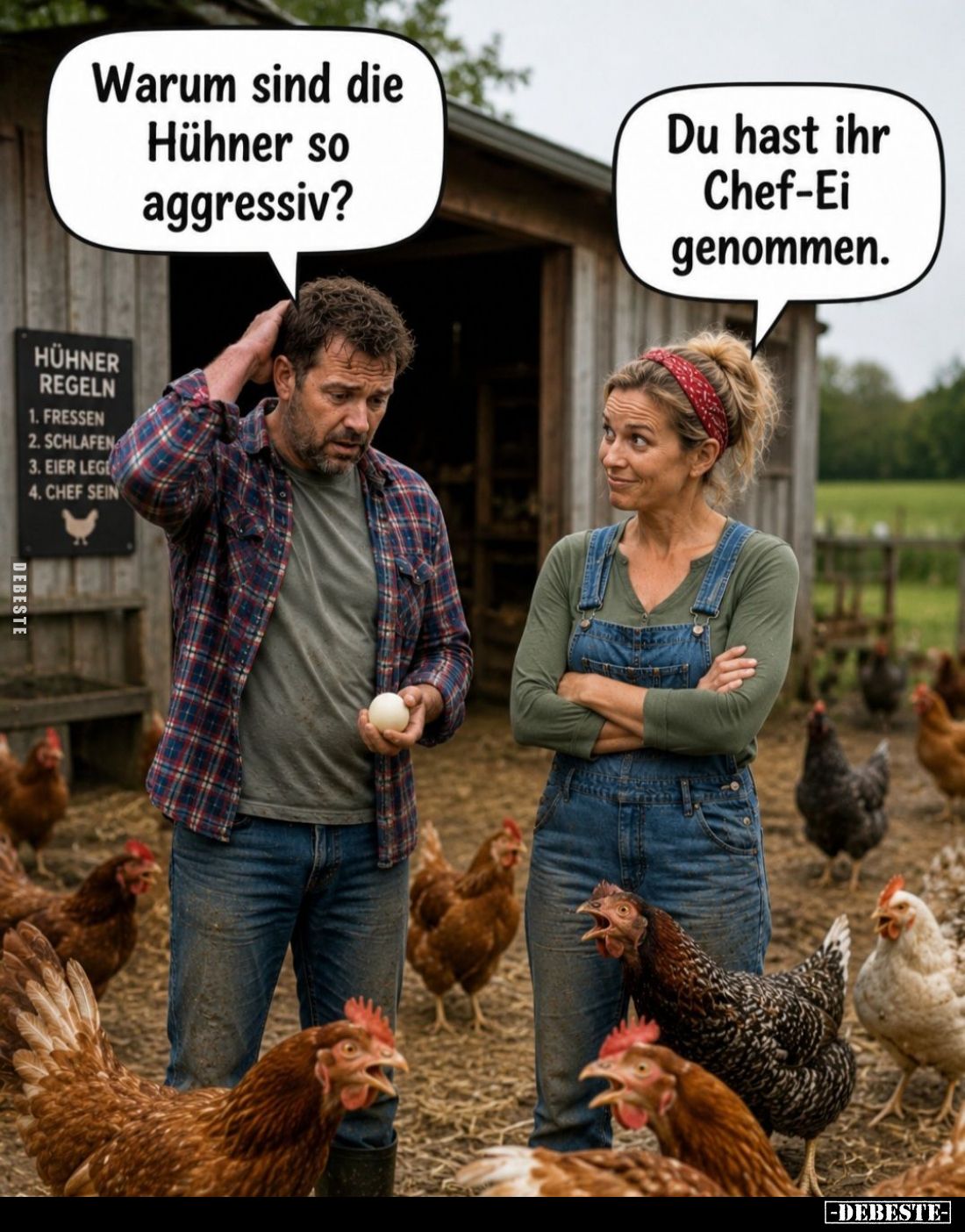 Warum sind die Hühner so aggressiv?
-
Du hast ihr Chef-Ei genommen.